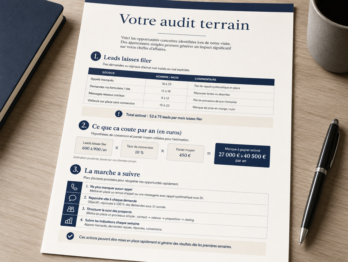 3 mini-livrables tangibles — leads filés · ce que ça pèse en €/an · marche à suivre